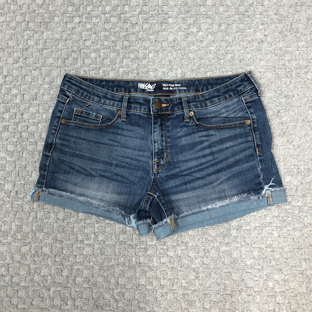 Mossimo Denim Shorts Womens 10 Blue Mid Rise Cutoff Frayed Hem Stretch Casual